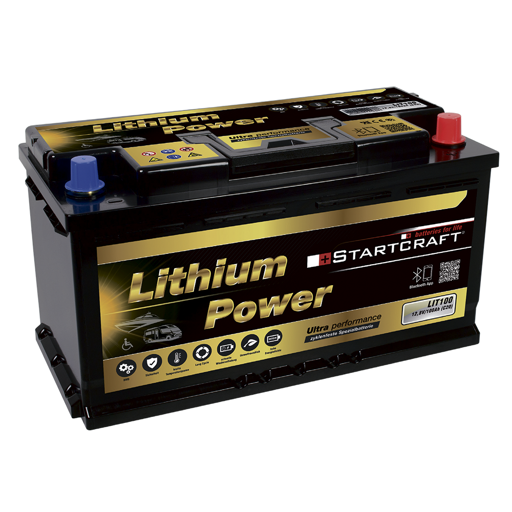 Lithium-Eisenphosphat-Batterie in schwarzem Gehäuse.